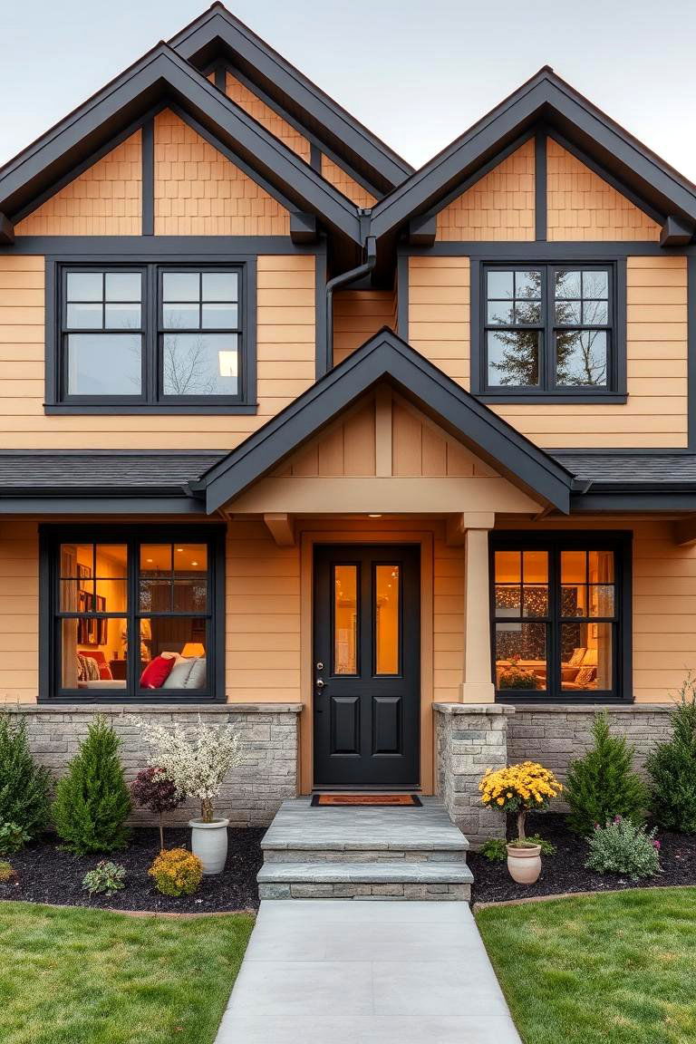 Contemporary Cottage Tan House with Soft Black Trim - 24 Tan House With Black Trim Design Ideas