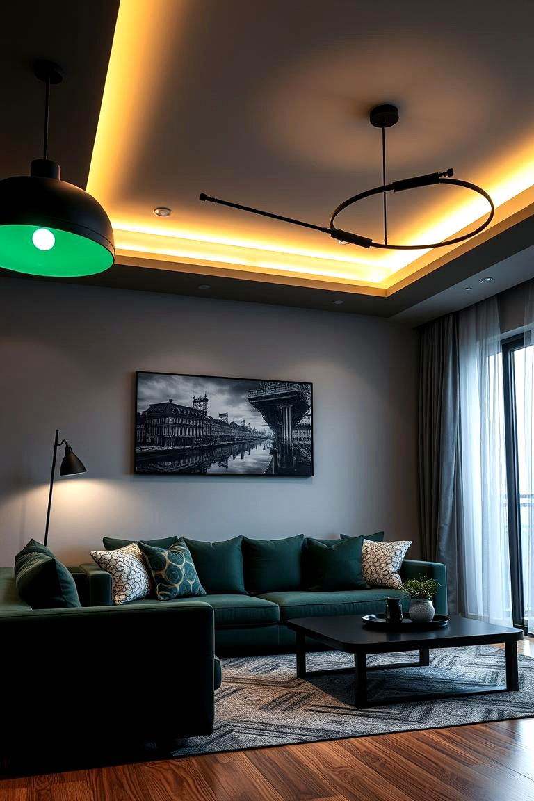 Contemporary Dark Green Lighting - 24 Dark Green Living Room Ideas