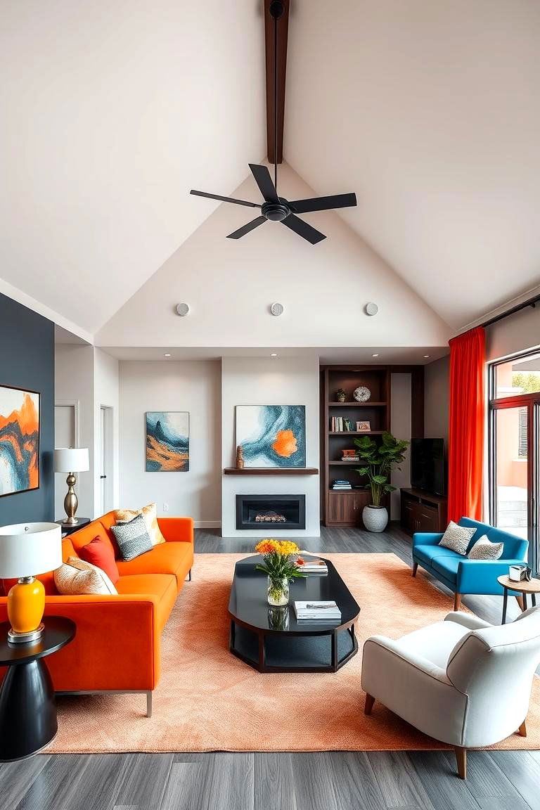 Contemporary Elegance with Bold Colors - 24 Open Concept Vaulted Ceiling Living Room Ideas