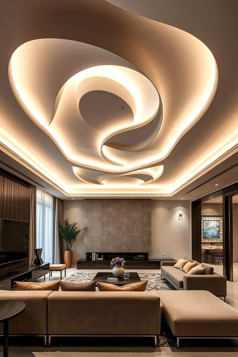 Contemporary False Ceiling with Sculptural Elements - 24 Living Room False Ceiling Design Ideas