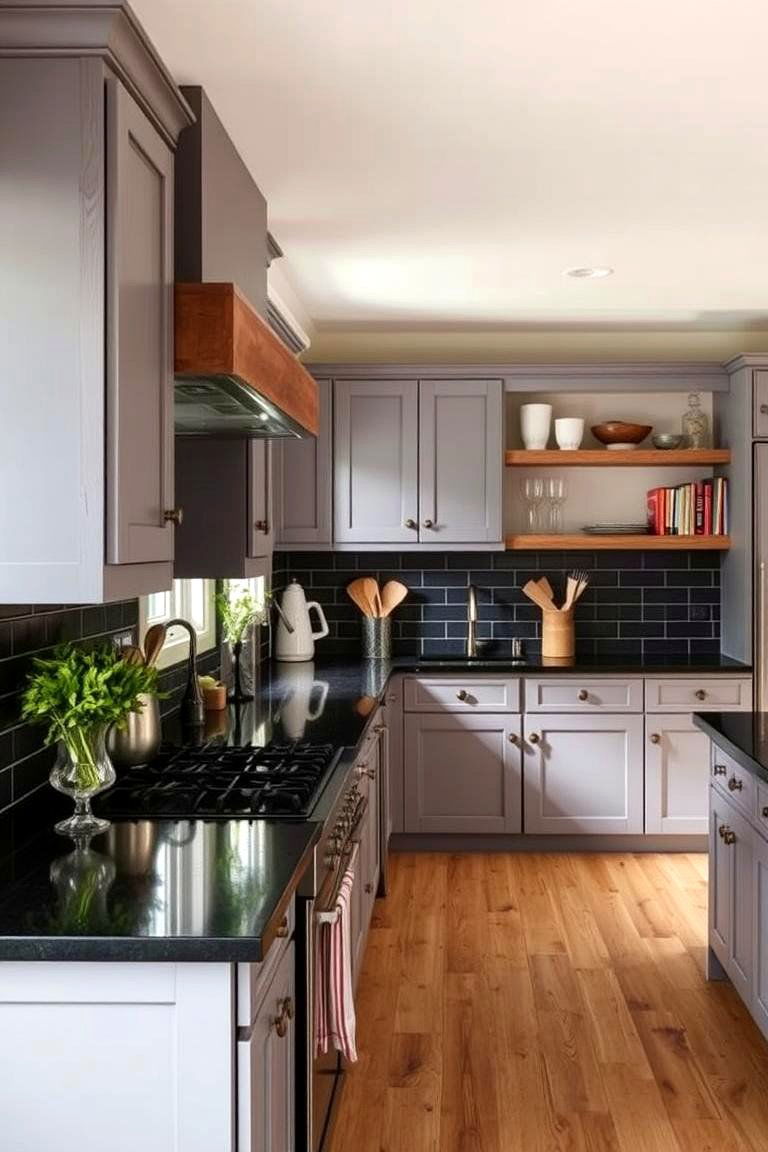 Contemporary Farmhouse Fusion - 24 Kitchen With Gray Cabinets And Black Countertops Ideas
