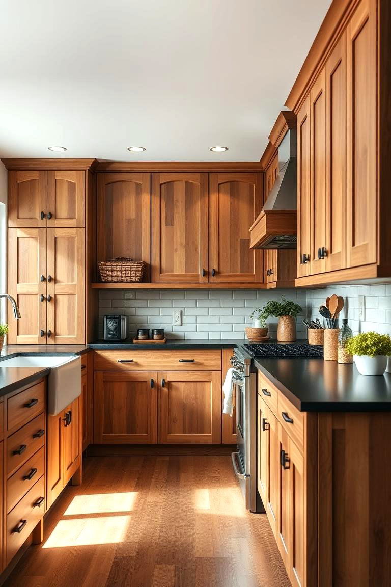 Contemporary Farmhouse - 24 kitchen with brown cabinets and black countertops ideas