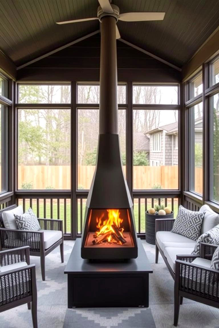 Contemporary Freestanding Fireplace Design - 24 Screened-in Porch With Fireplace Ideas