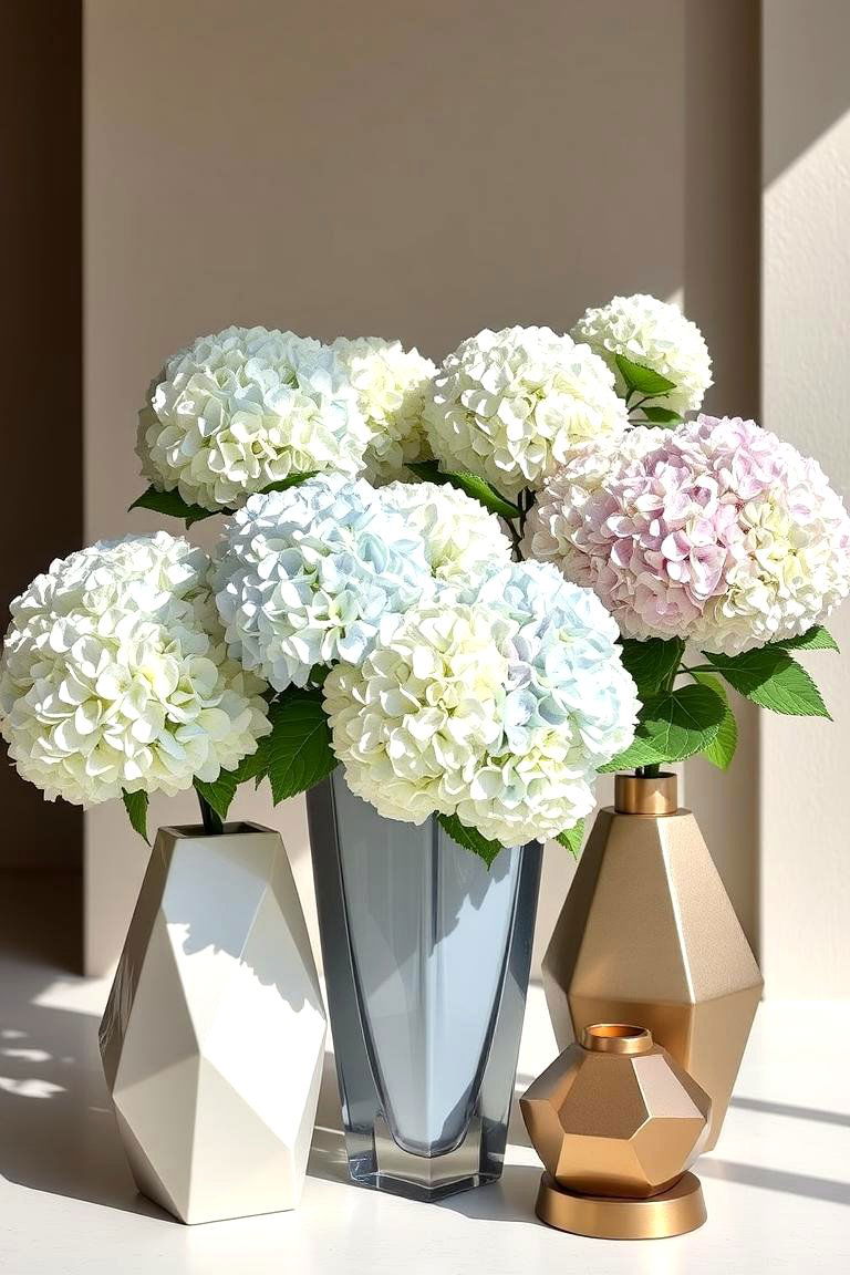 Contemporary Geometric Hydrangea Display - 24 Hydrangea Centerpiece Ideas