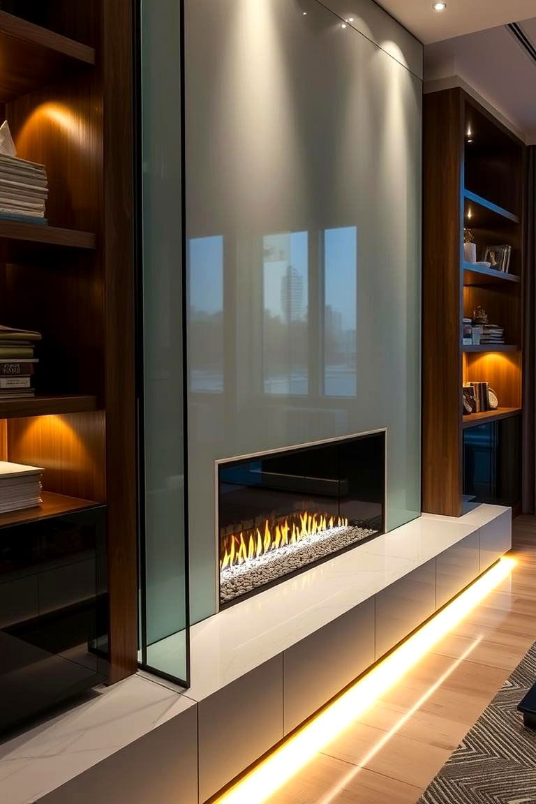 Contemporary Glass Accented Fireplace Office - 24 Home Office With Fireplace Ideas