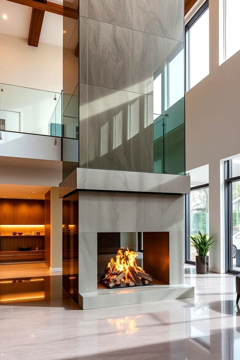 Contemporary Glass Facade - 24 Two-story Fireplace Ideas