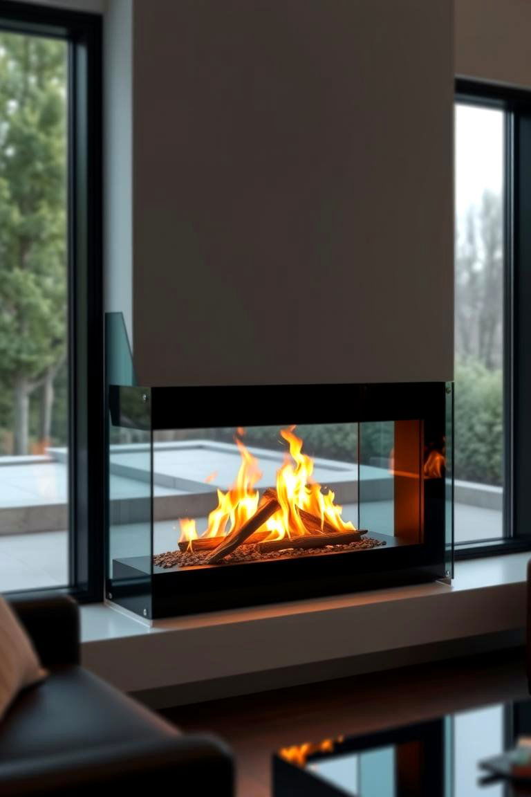 Contemporary Glass Fireplace Between Windows - 24 Fireplace Between Windows Ideas