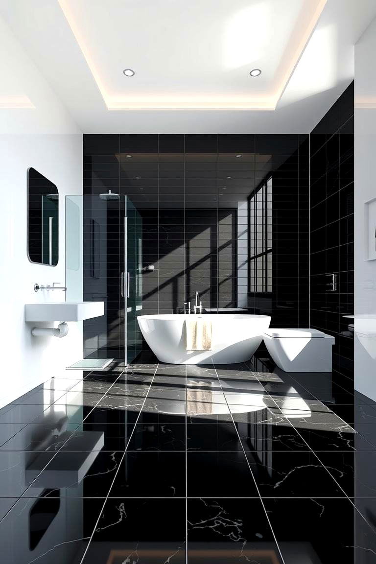 Contemporary Gloss Finish - 24 Black Floor Bathroom Ideas