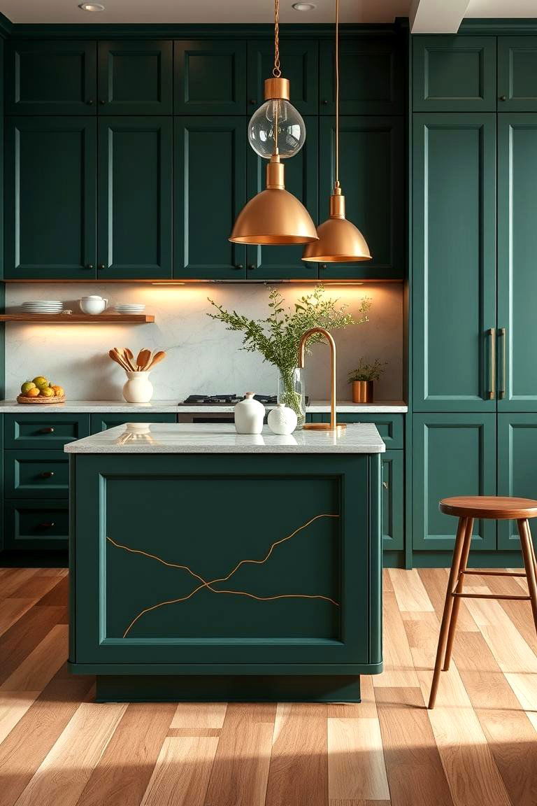 Contemporary Green Kitchen Island with Copper Detailing - 24 Green and Copper Kitchen Ideas