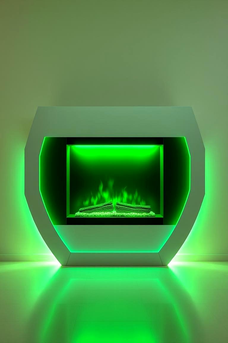 Contemporary Green LED Lit Fireplace with Smart Tech - 24 Green Fireplace Ideas