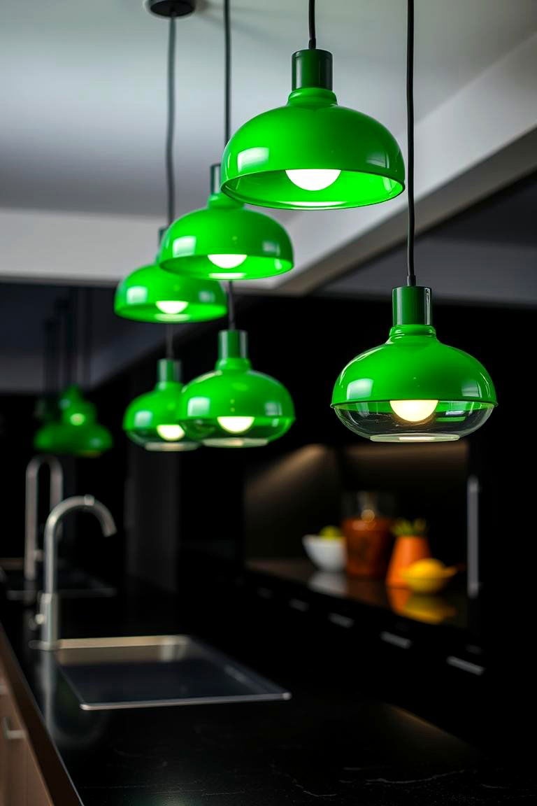 Contemporary Green Pendant Lights Over Black Surfaces - 24 Black and Green Kitchen Ideas