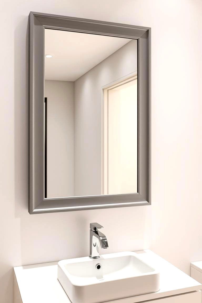Contemporary Grey Framed Mirror Above a White Sink - 24 Grey and White Bathroom Ideas