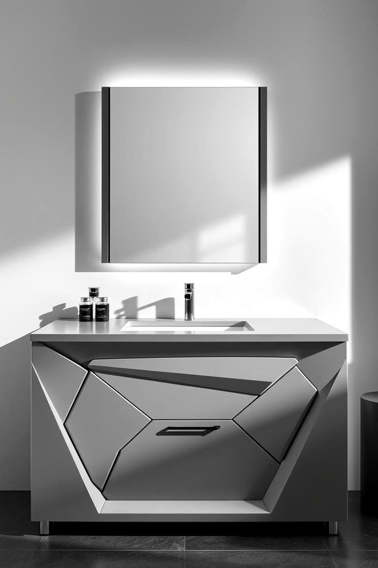 Contemporary Grey Vanity with Geometric Details - 24 Grey Bathroom Vanity Design Ideas