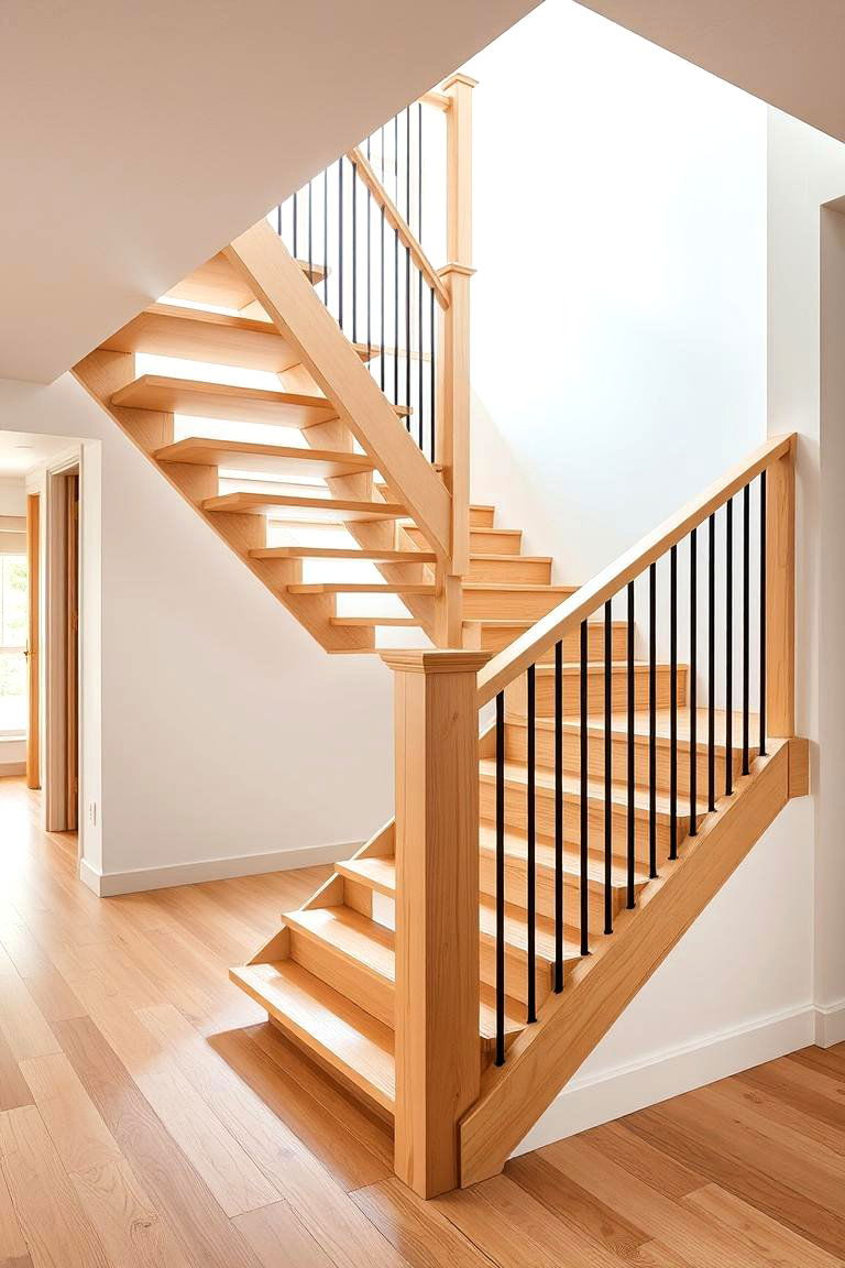 Contemporary Light Ash Staircase with Open Stringers - 24 Wooden Staircase Ideas