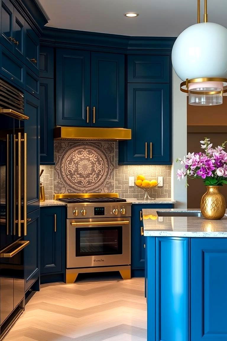 Contemporary Luxe Innovation - 24 blue kitchen cabinets with gold hardware