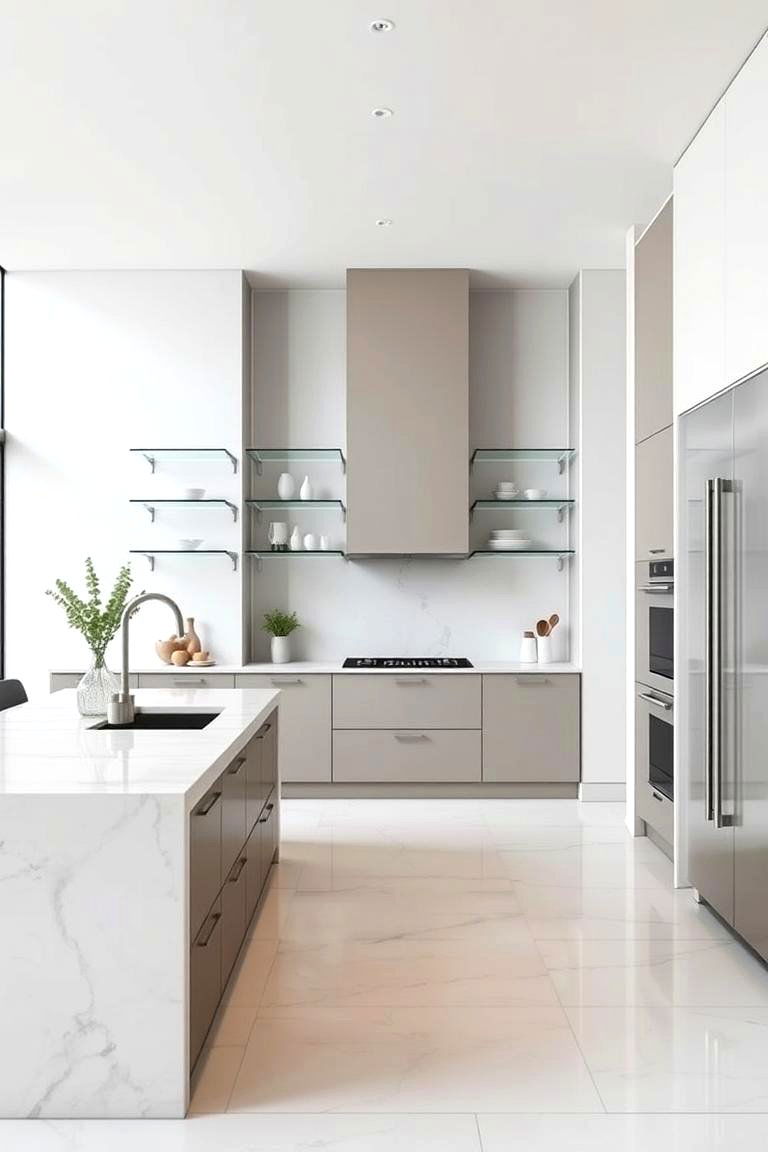 Contemporary Marble with Glass Shelving - 24 Marble Kitchen Island Ideas