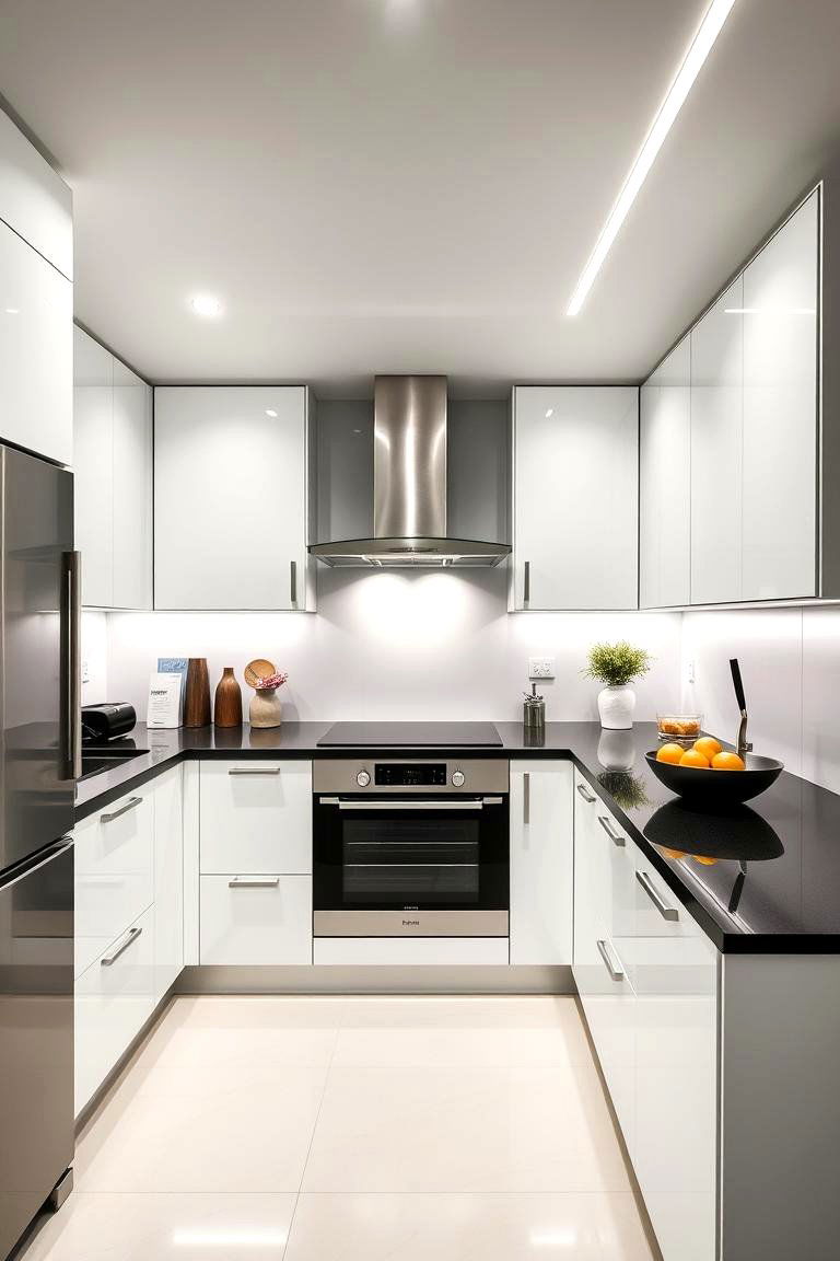 Contemporary Minimalist Elegance - 24 kitchen with dark countertops and light cabinets