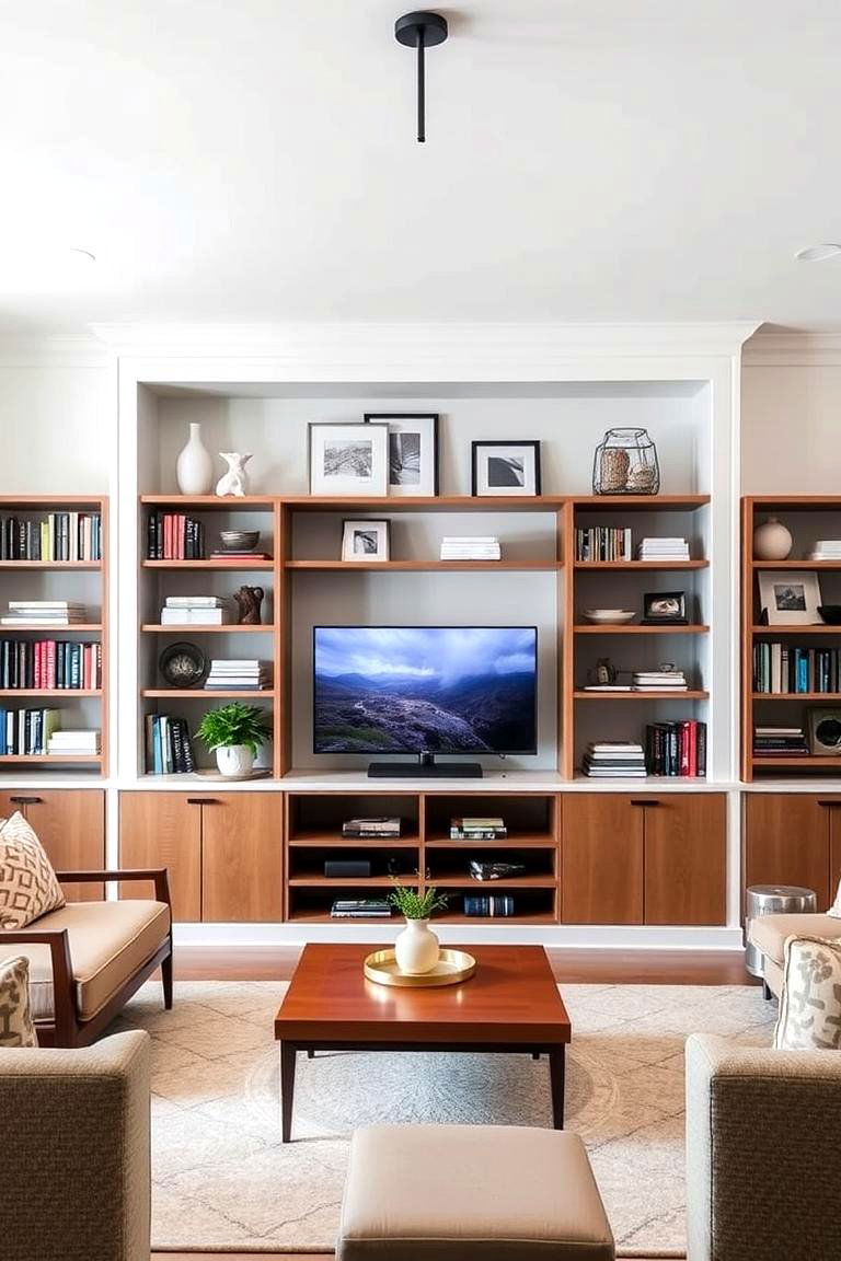 Contemporary Open Shelving for TV - 24 Small Living Room Ideas With Tv