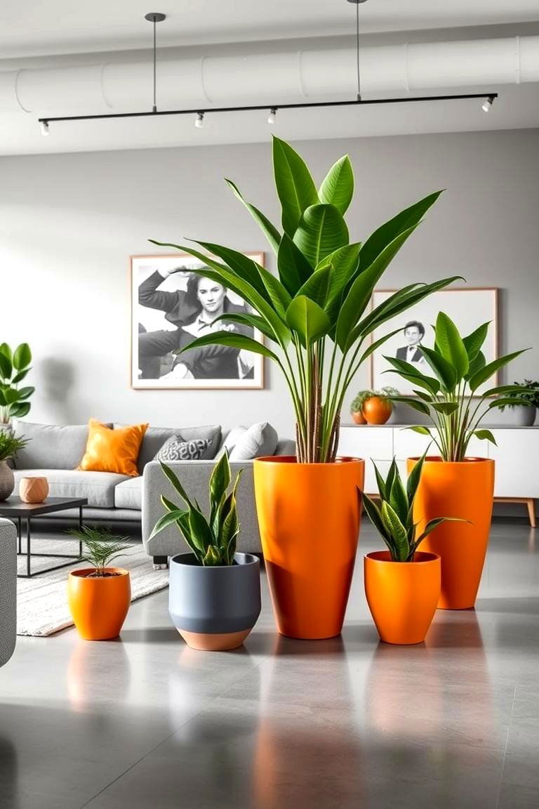 Contemporary Orange Planters in Grey Living Spaces - 24 Orange and Grey Living Room Ideas