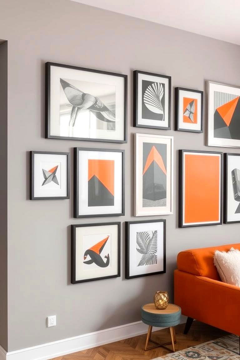 Contemporary Orange and Grey Gallery Wall - 24 Orange and Grey Living Room Ideas