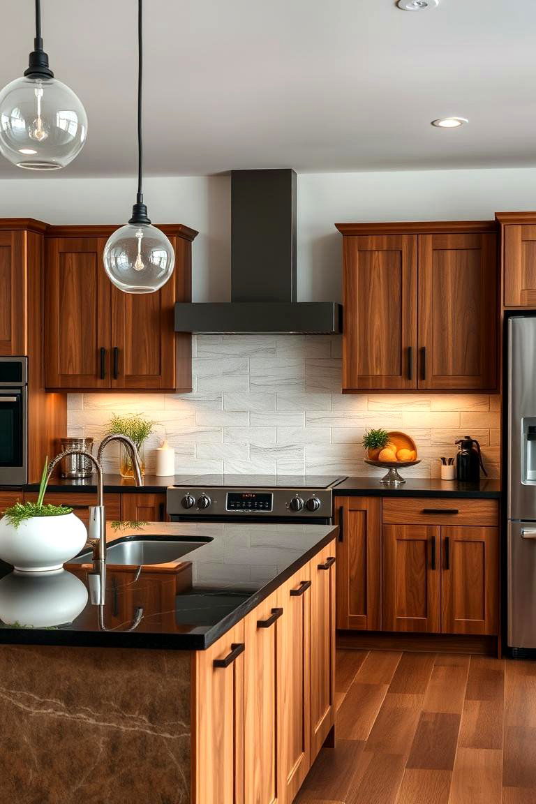 Contemporary Sophistication Unveiled - 24 Brown Kitchen Cabinets With Black Countertops