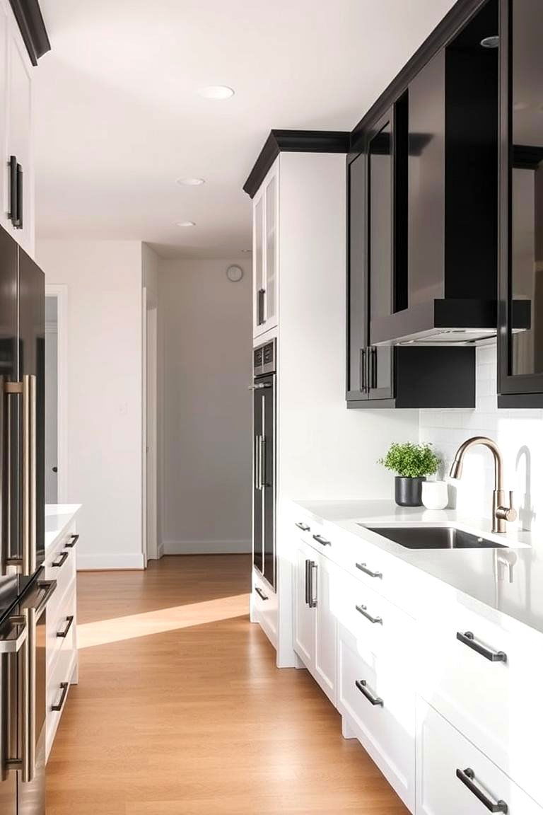 Contemporary White Cabinets with Black Accents - 24 Black and White Kitchen Ideas