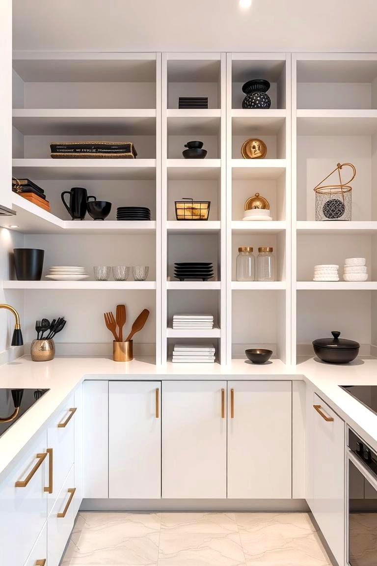 Contemporary White Shelves with Black and Gold Decor - 24 black white and gold kitchen ideas
