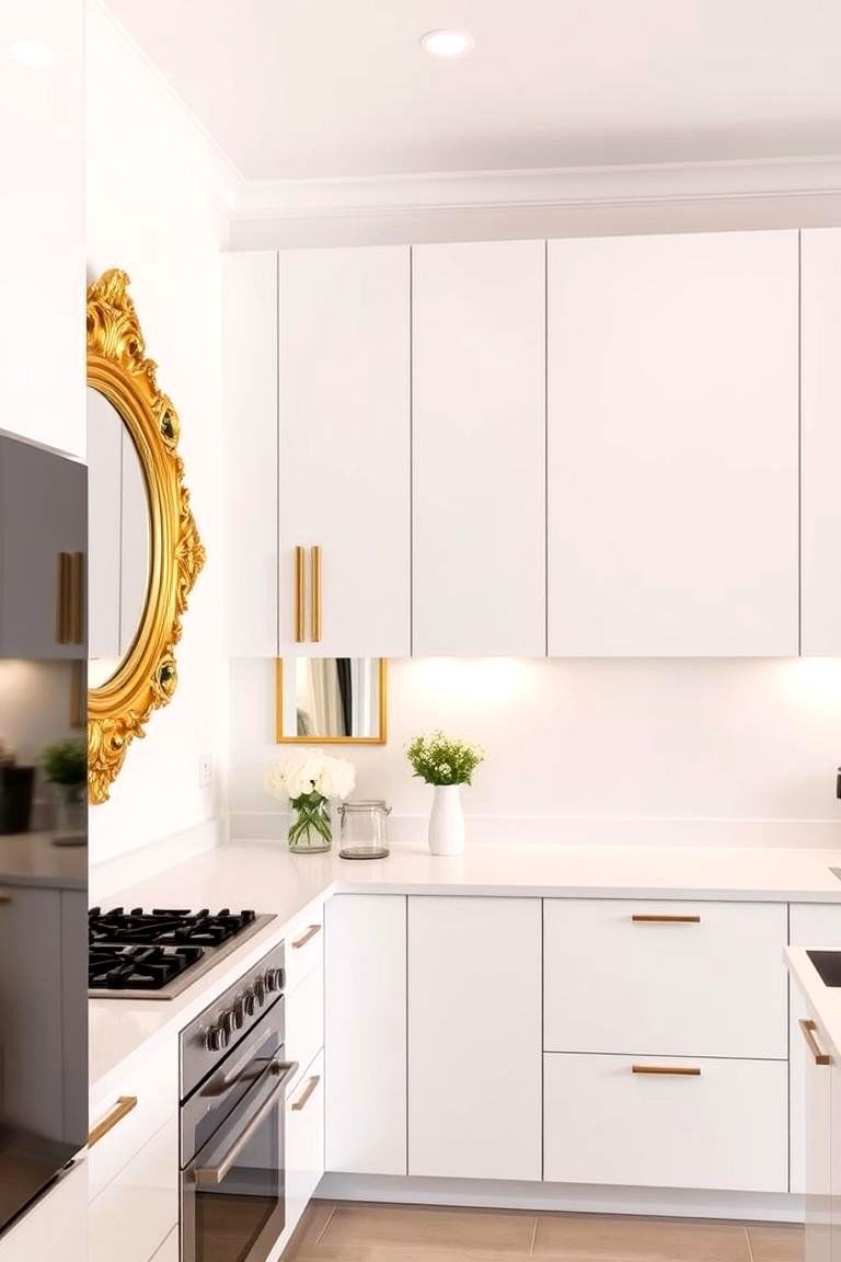 Contemporary White Walls with Golden Mirrors - 24 White and Gold Kitchen Ideas