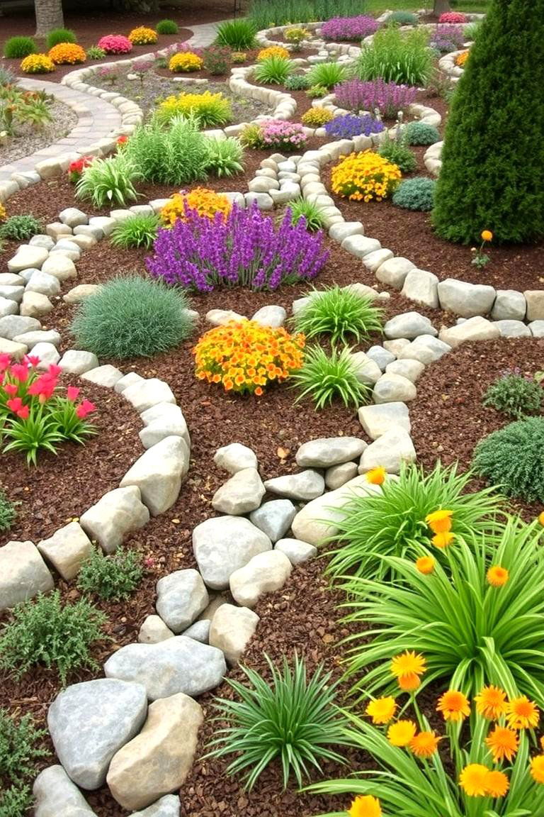 Contoured Garden Rock Layout - 24 River Rock Edging Ideas