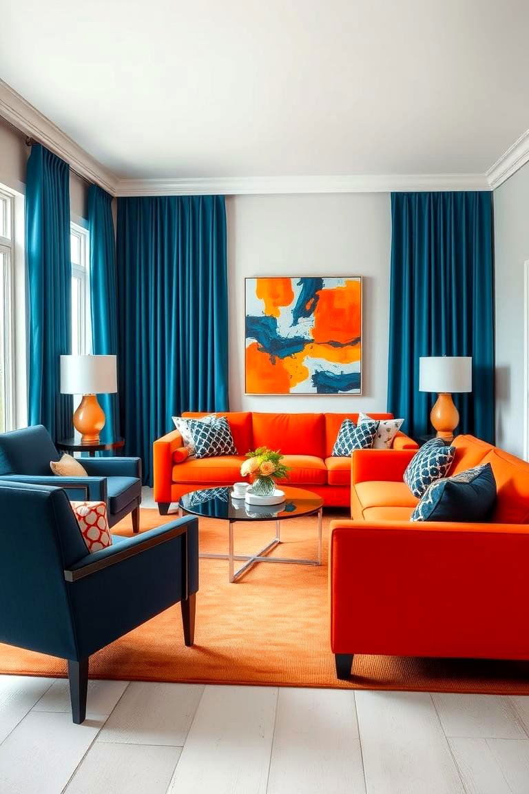 Contrast with Cool Blue Tones - 24 Orange Couch Living Room Ideas
