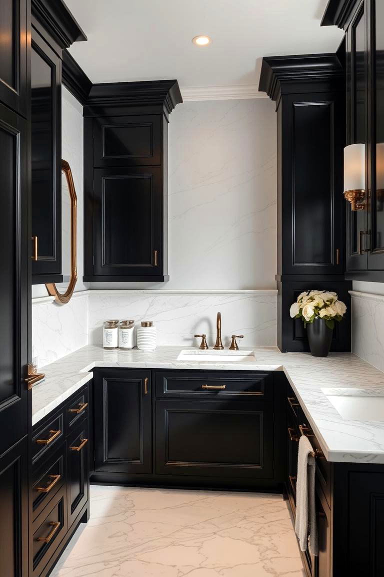 Contrast with Light Marble Countertops - 24 bathroom with black cabinets ideas