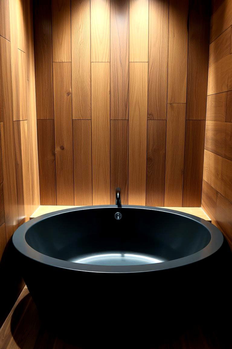 Contrasting Black Bathtub with Wooden Surround - 24 Black and Wood Bathroom Ideas