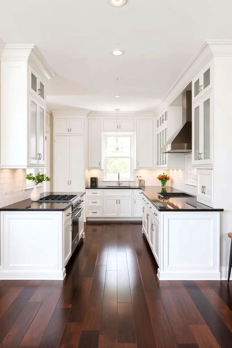 Contrasting Flooring Choice - 24 white kitchen ideas with black island