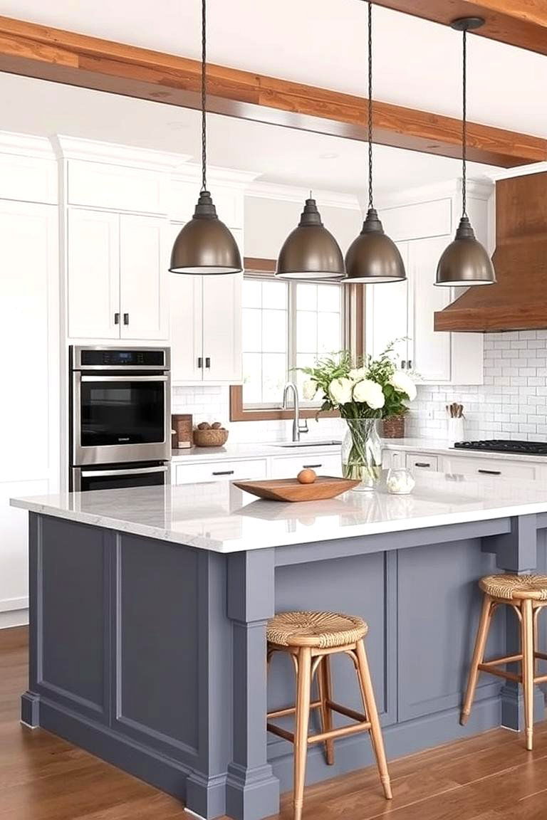 Contrasting Gray Island with White Cabinets - 24 Farmhouse Kitchen With Gray Cabinets Ideas