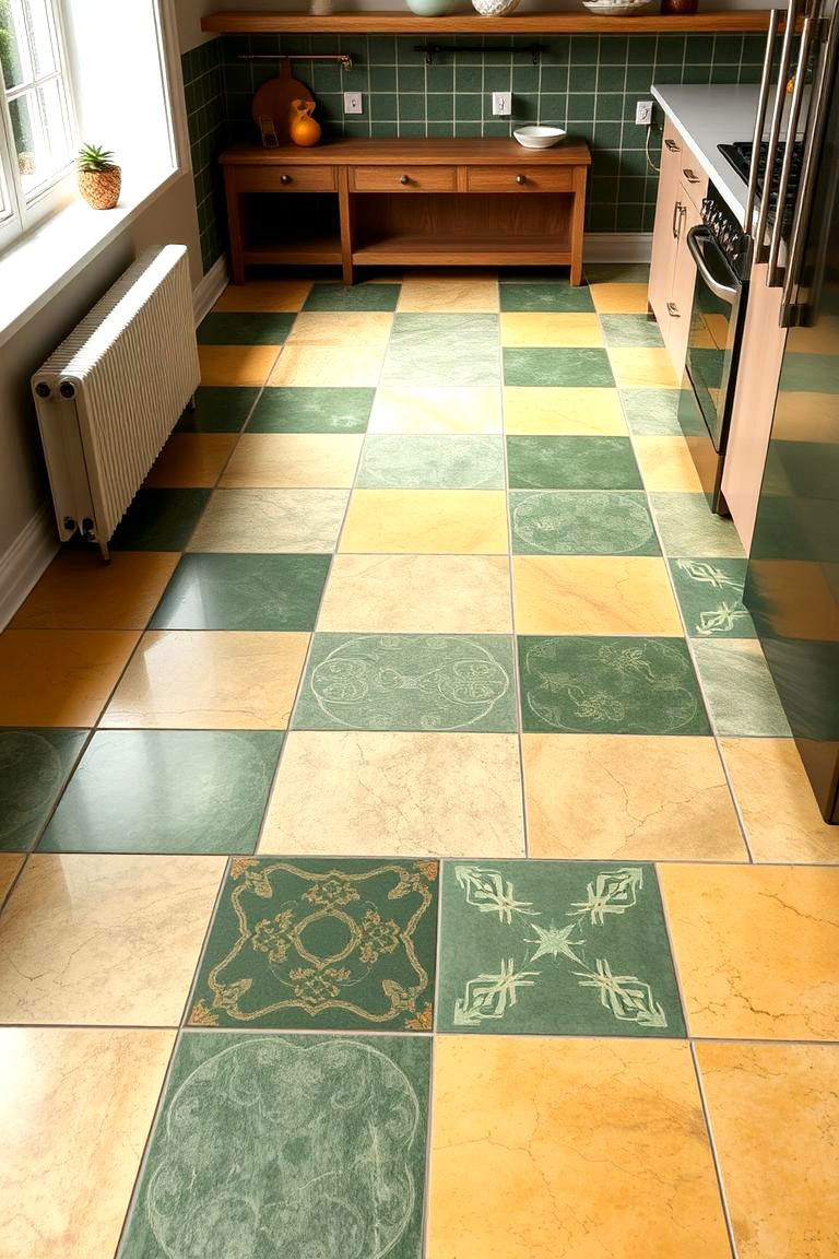 Contrasting Green and Yellow Floor Tiles - 24 Green and Yellow Kitchen Ideas