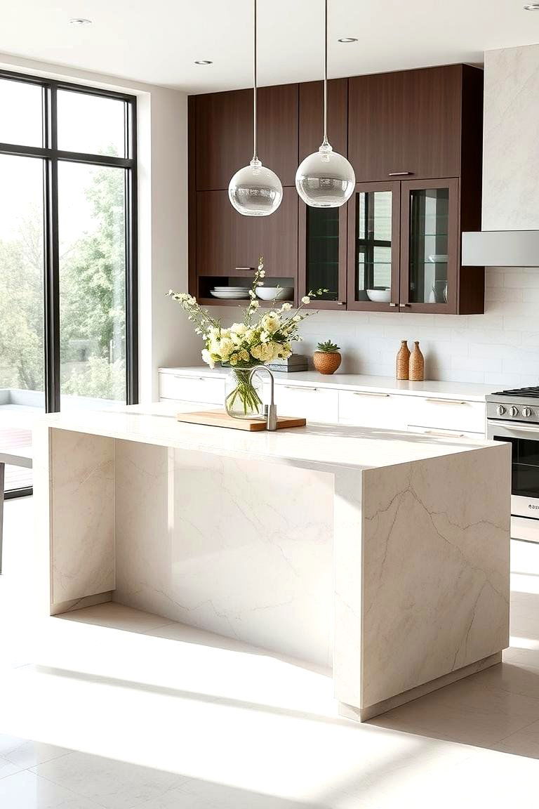 Contrasting Material Magic - 24 Waterfall Kitchen Island Ideas