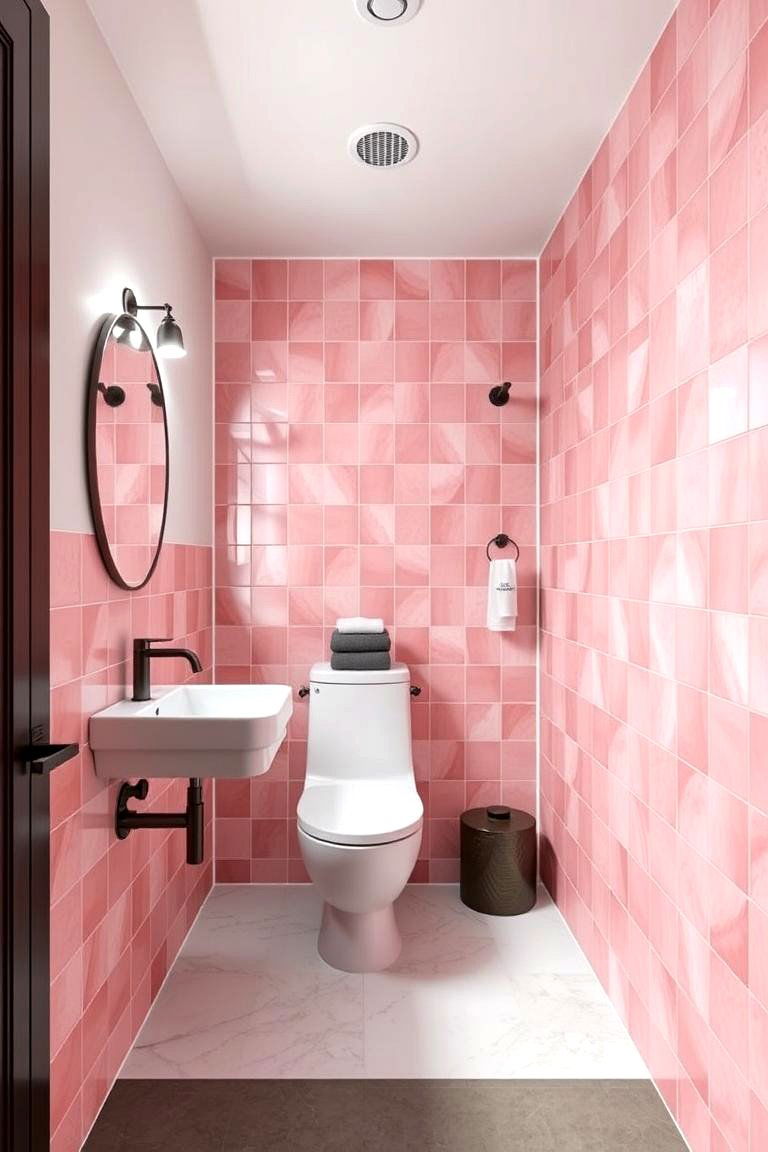 Contrasting Pink Geometry - 24 Pink Tile Bathroom Ideas