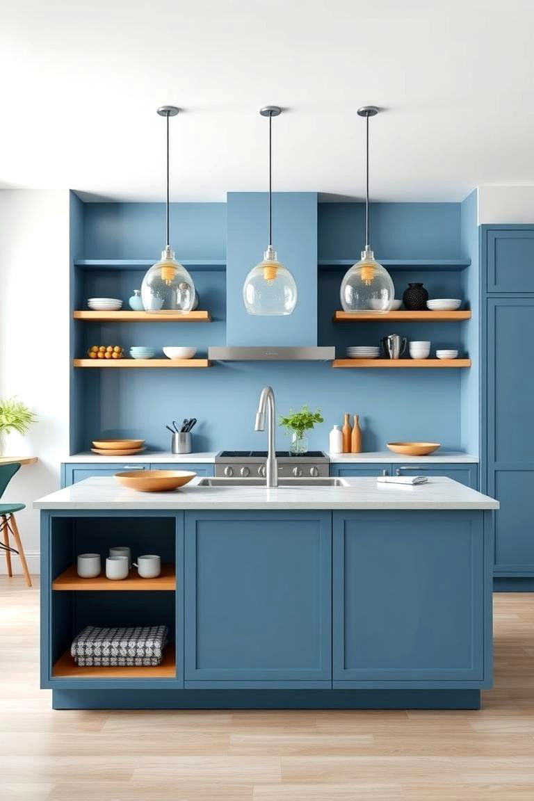 Cool Blue Open Shelving Island - 24 Blue Kitchen Island Ideas