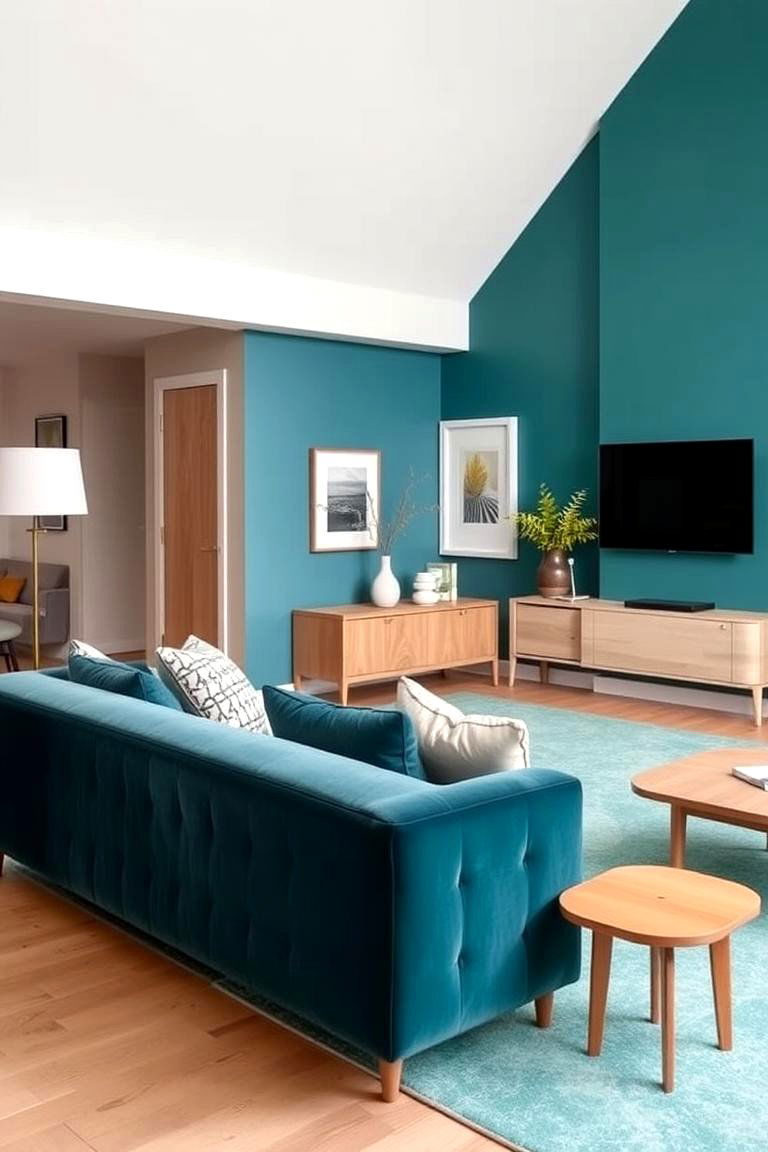Cool Teal Monochromatic Living Room - 24 Monochromatic Living Room Ideas