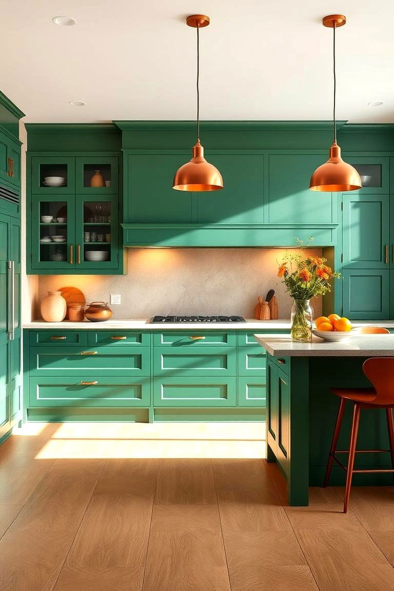 Copper Pendant Lights Over a Green Island - 24 Green and Copper Kitchen Ideas