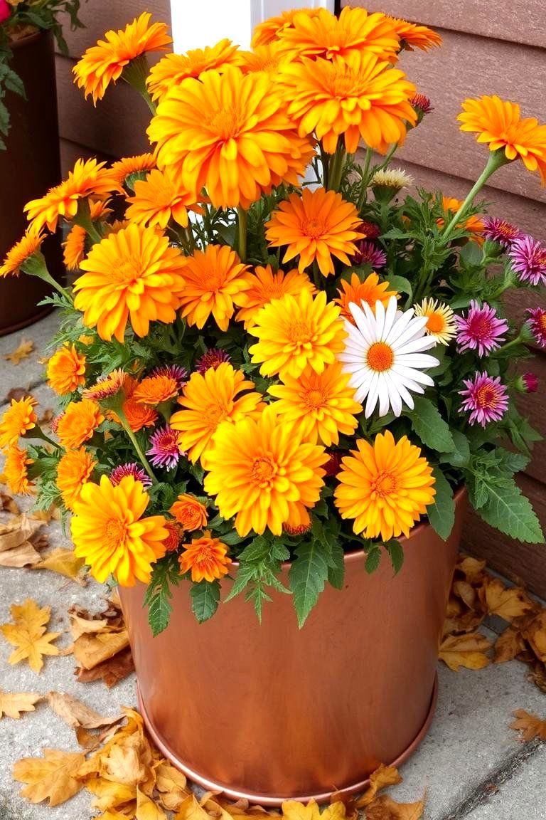 Copper Planter with Seasonal Blooms - 24 Fall Planter Ideas