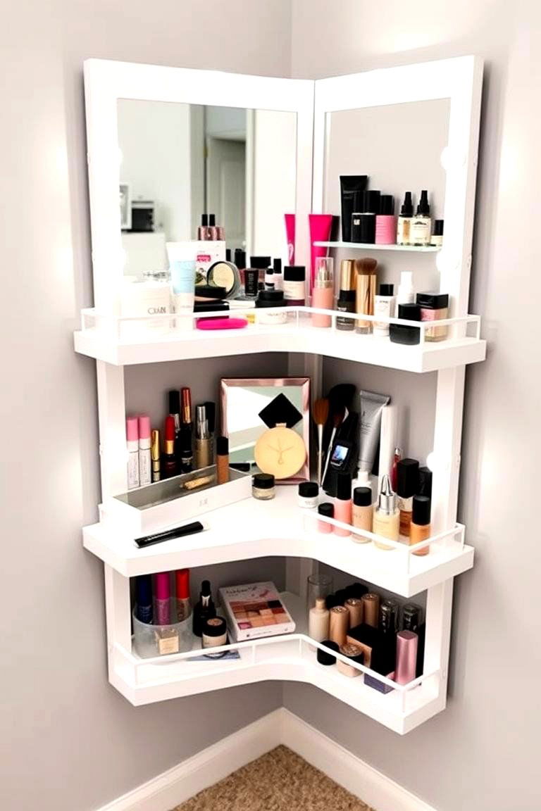 Corner Shelf Vanity with Multiple Tiers - 24 Makeup Vanity Ideas