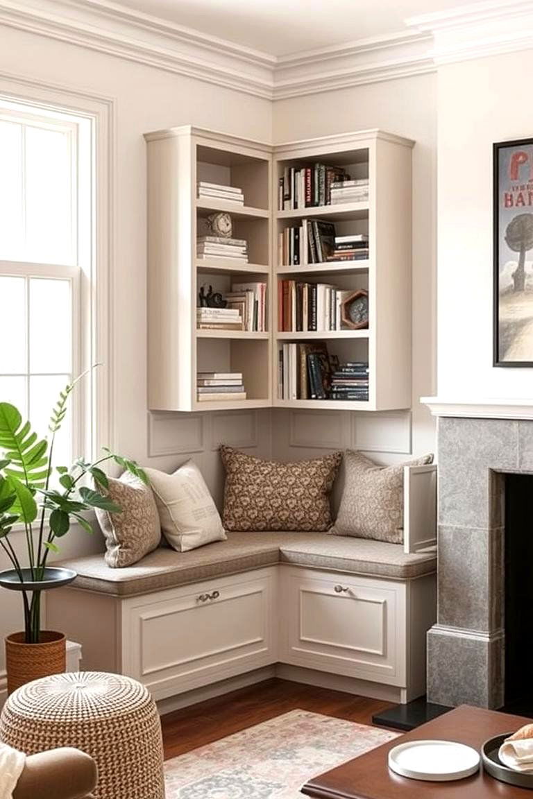 Corner Shelf with Seating - 24 Corner Decoration Ideas