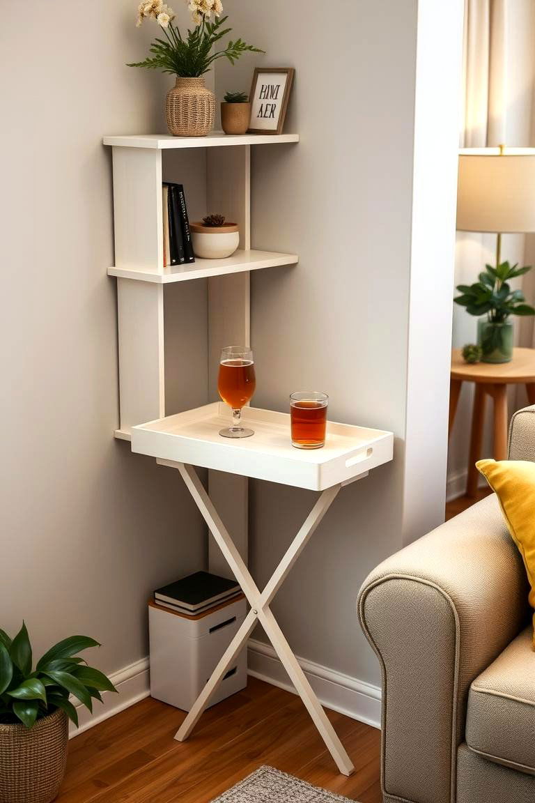 Corner Shelf with a Folding Tray Table - 24 Corner Shelf Ideas
