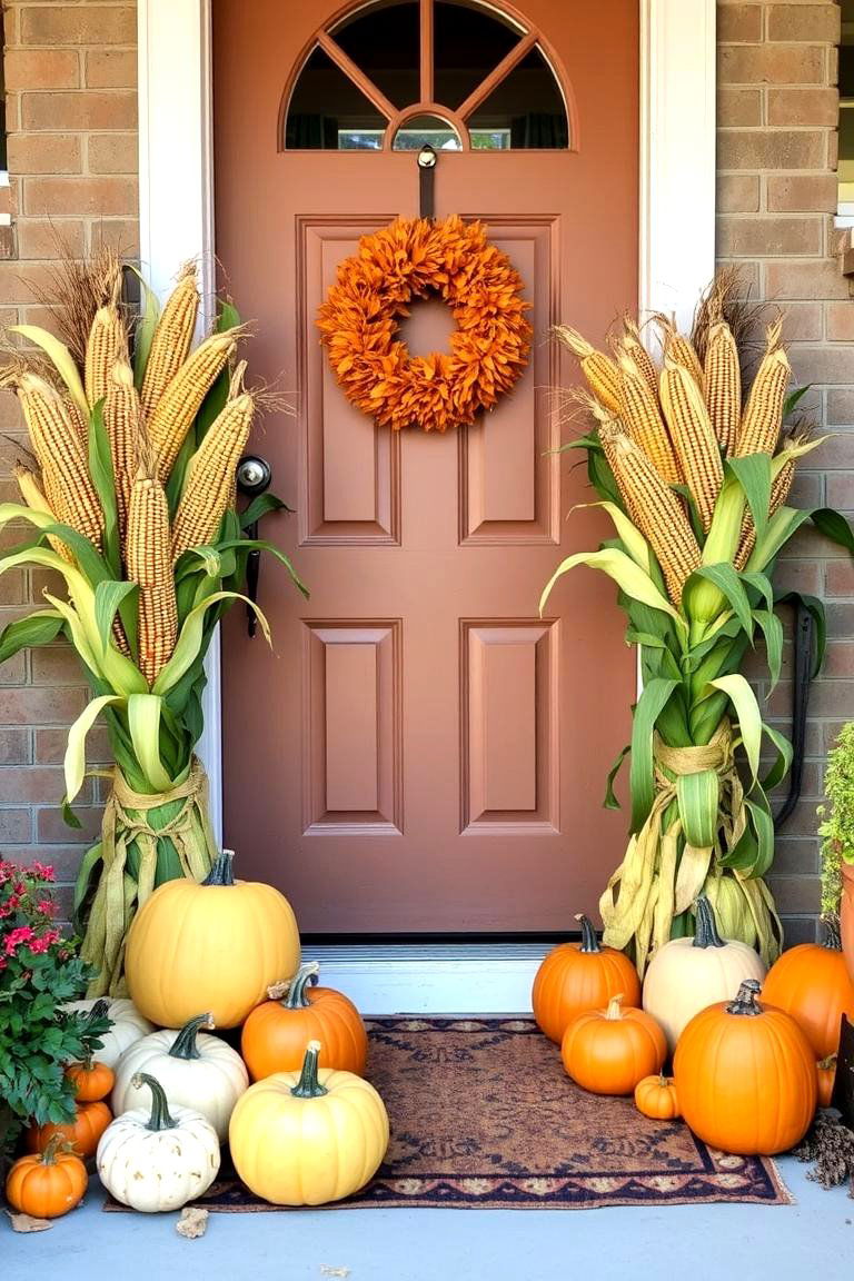 Cornstalks and Pumpkins - 24 Front Door Fall Decor Ideas