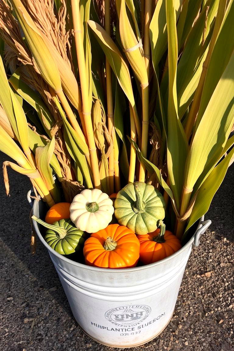 Cornstalks with Pumpkins - 24 Fall Planter Ideas