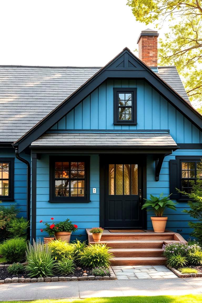 Cottage Style with Sharp Black Accents - 24 Blue House With Black Trim Ideas
