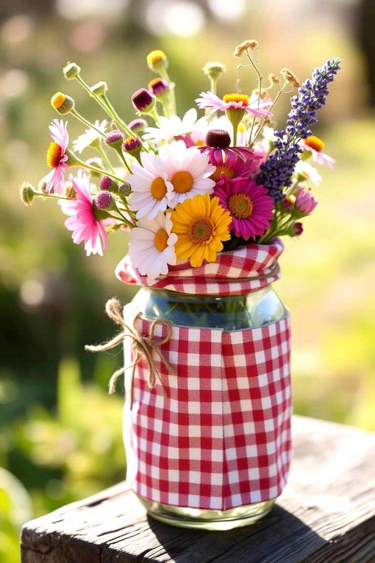 Country Charm Gingham Touch and Wildflower Bliss - 24 Mason Jar Wedding Centerpieces