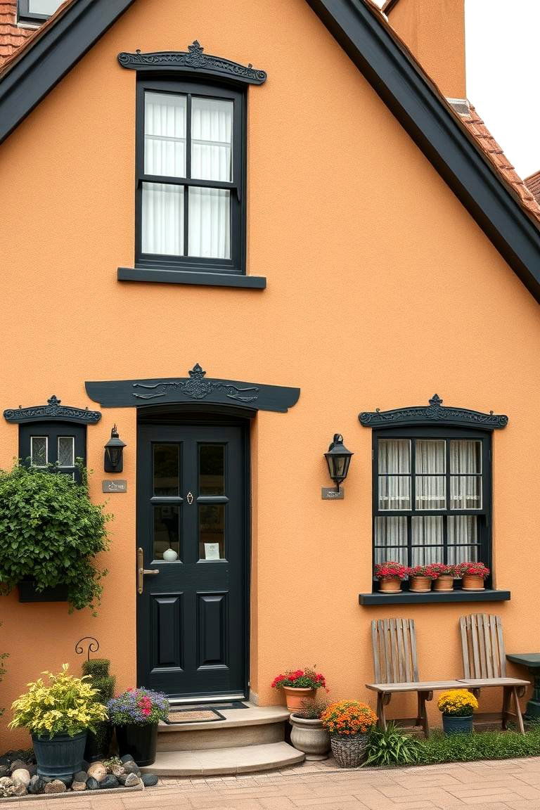 Country Cottage Tan House with Quaint Black Trim - 24 Tan House With Black Trim Design Ideas