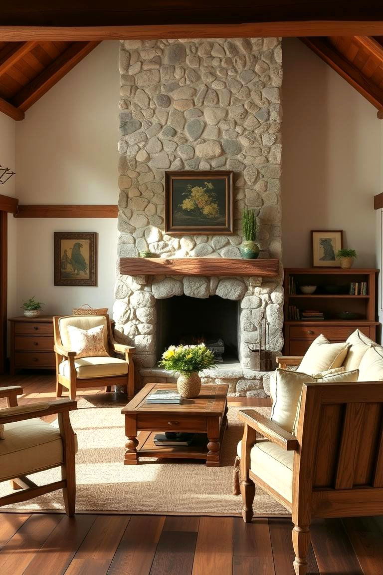 Country Cozy Retreat with Natural Stone - 24 Rustic Living Room With a Brick Fireplace Ideas